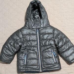 Boden Metallic Gray Hooded Kids Puffer Jacket - Gray
